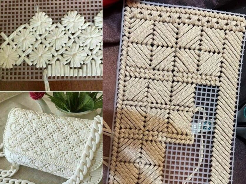 Detalhes de uma bolsa de crochê branca feita com tela, mostrando o processo de criação e o resultado final.