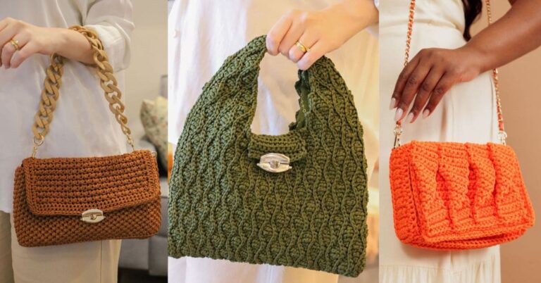 Três bolsas de crochê em diferentes estilos e cores: marrom com alça de corrente grossa, verde com alça de mão e fecho prateado, e laranja com alça de corrente fina.
