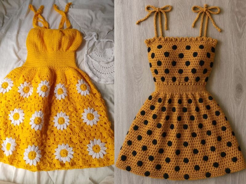 Dois vestidinhos de crochê infantil modernos: um amarelo com margaridas brancas e outro mostarda com bolinhas pretas.