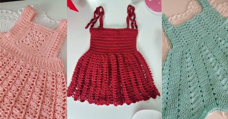 Três vestidos de crochê infantil em cores diferentes: rosa, vermelho e azul claro.
