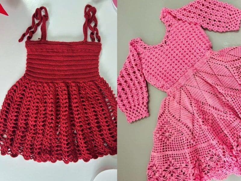 Dois vestidos de crochê infantil, um rosa e outro vermelho, exibidos lado a lado.