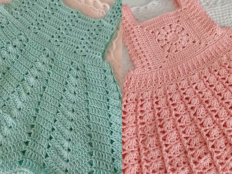 Dois vestidos de crochê infantil simples, um em tom de verde água e outro rosa claro, exibindo detalhes artesanais.