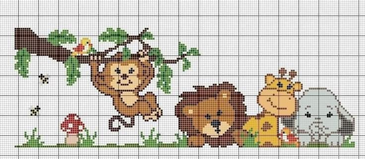 Desenho em ponto cruz de animais fofos do safari, incluindo macaco, leão, girafa e elefante.