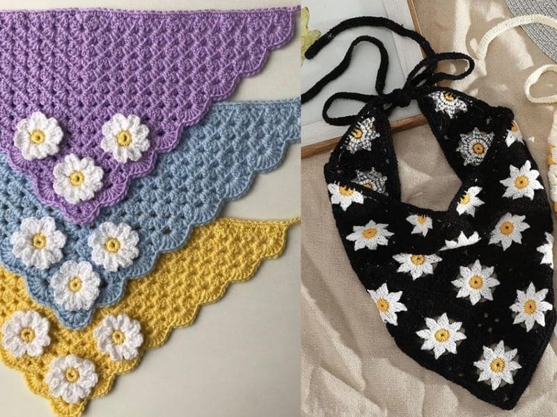 Coleção de bandanas de crochê coloridas com detalhes de flores margaridas brancas.