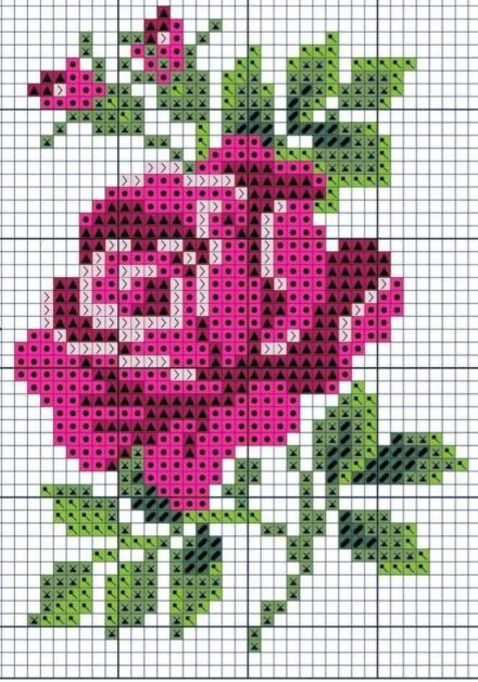 Ilustração de uma rosa rosa em ponto cruz, com folhas verdes e fundo quadriculado.