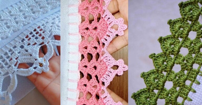 Três amostras de bicos de crochê em toalhas, com detalhes em branco, rosa e verde.