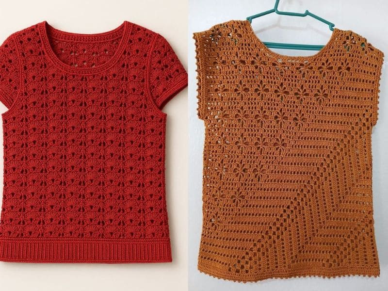 Duas blusas de crochê femininas, uma vermelha com manga curta e outra marrom sem manga, em um fundo branco.