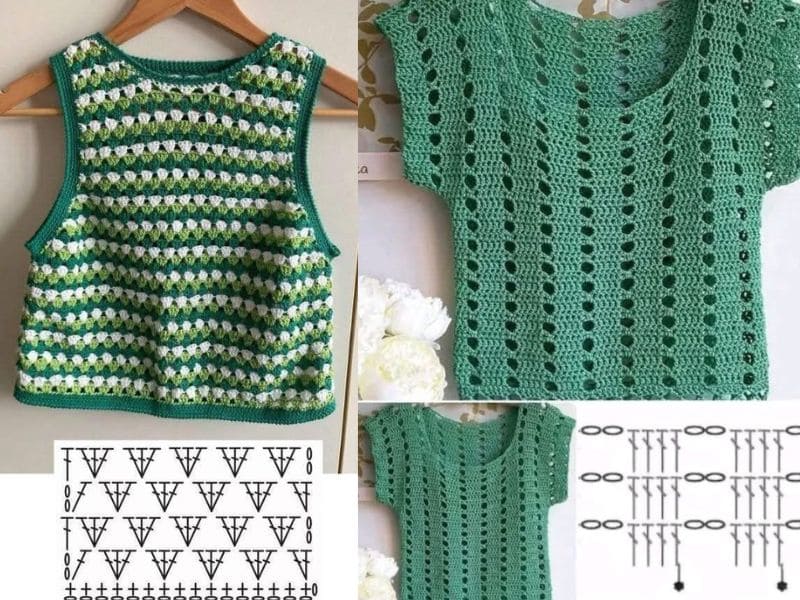 Colagem com fotos de blusas de crochê femininas e seus respectivos gráficos.