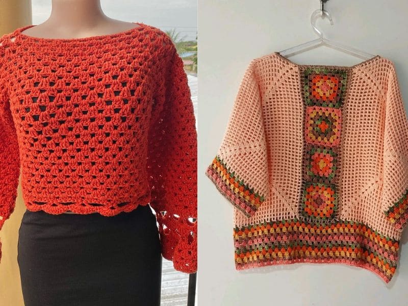 Duas blusas de crochê feminina, uma laranja e outra rosa, mostrando detalhes dos pontos e design.