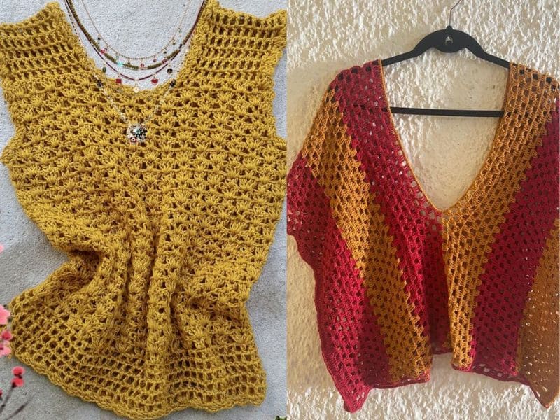 Duas blusas de crochê modernas, uma amarela e outra listrada em vermelho e amarelo, exibidas lado a lado.