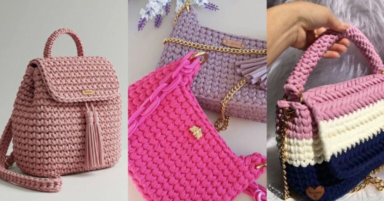 Close-up de três bolsas de crochê fio de malha de diferentes cores e modelos, representando a moda consciente.