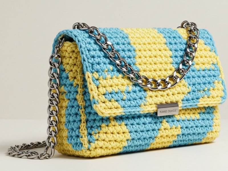 Bolsa de crochê moderna com padrão xadrez em azul e amarelo e alça de corrente prateada.