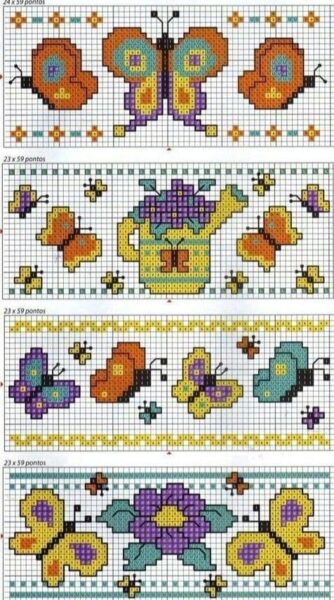 Quatro faixas de desenhos de ponto cruz com temas de borboletas, flores e regador, ideais para toalhinhas.