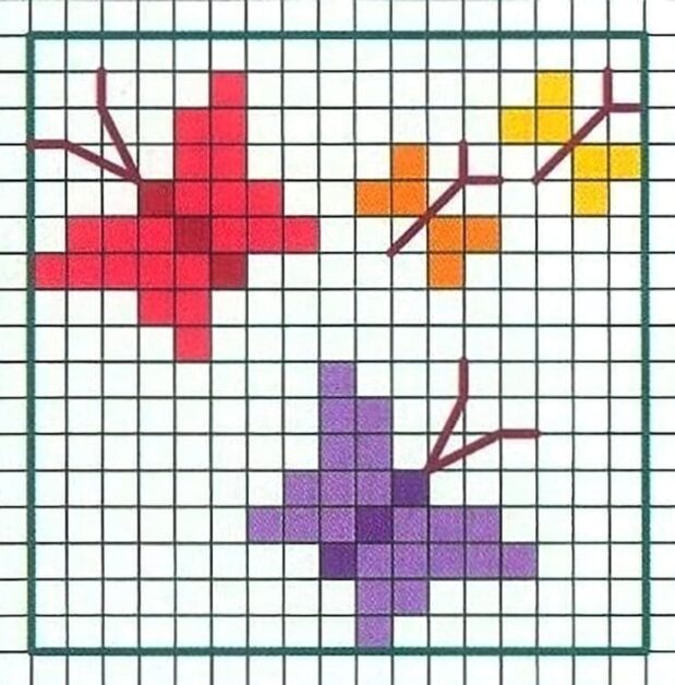 Gráfico de ponto cruz com três borboletas coloridas: vermelha, laranja e roxa, dispostas em um padrão quadriculado.