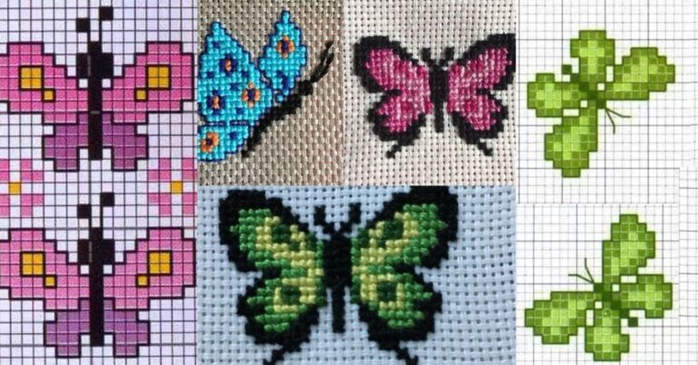 Várias borboletinhas coloridas em ponto cruz, cada uma com um design e cor diferente.