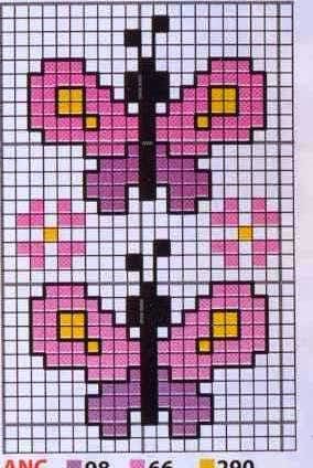 Gráfico para bordado em ponto cruz de duas borboletas rosas estilizadas.