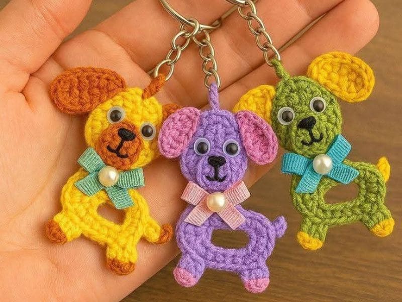 Close-up de três chaveiros de crochê em formato de cachorrinho, cada um em uma cor diferente (amarelo, roxo e verde), segurados na palma de uma mão.