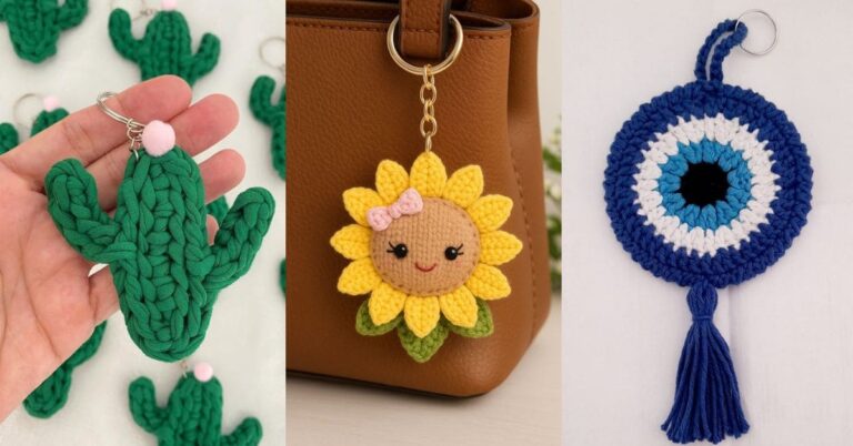 Três chaveiros de crochê: um cacto verde, um girassol em uma bolsa e um olho turco azul.