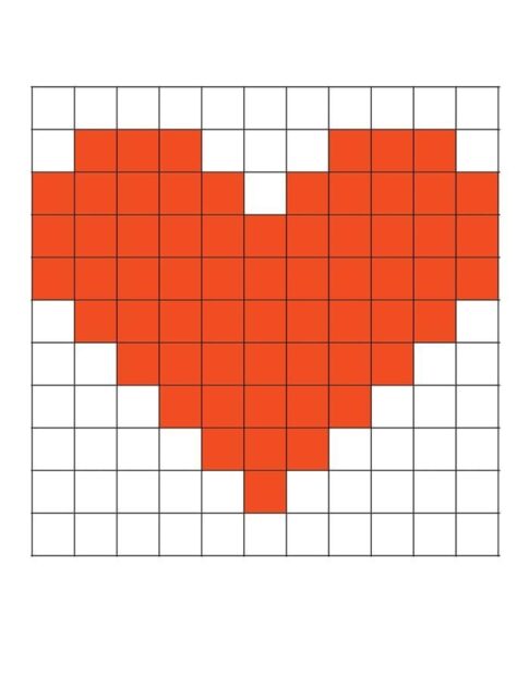 Gráfico simples de um coração vermelho em ponto cruz sobre fundo quadriculado branco.