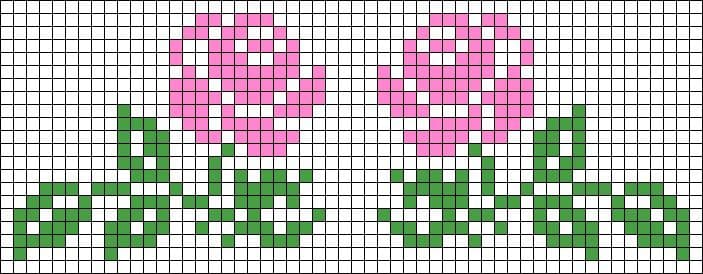Gráfico de ponto cruz com duas rosas cor-de-rosa e folhas verdes sobre fundo branco.