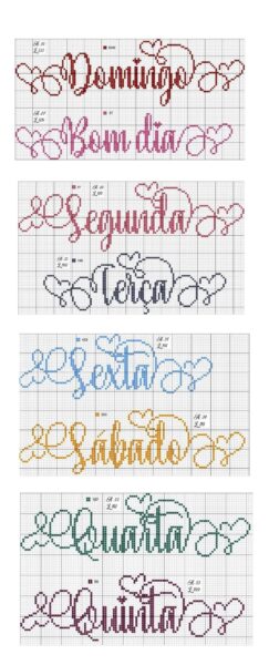 Gráficos de ponto cruz com os dias da semana e 'Bom Dia' em letras cursivas coloridas sobre fundo quadriculado.