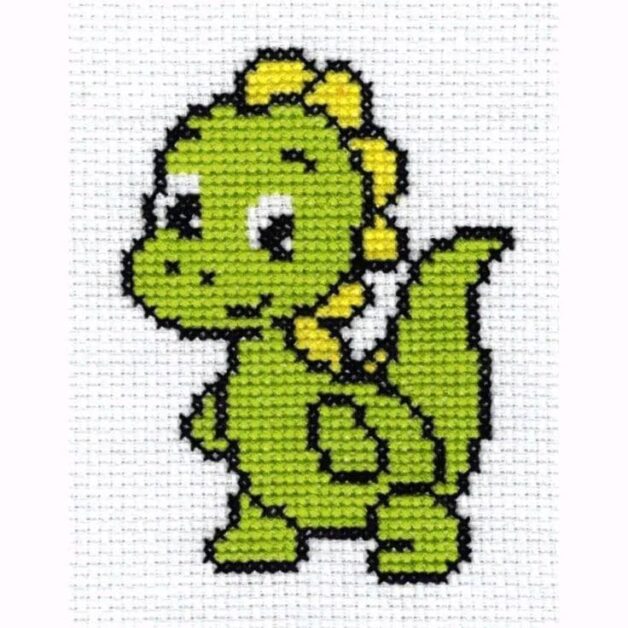 Desenho de um dinossauro verde e amarelo bordado em ponto cruz.