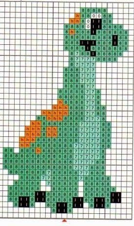 Gráfico de ponto cruz de um dinossauro verde e laranja, com contorno em preto, em um padrão quadriculado.