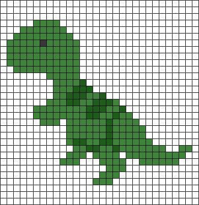Padrão de ponto cruz de um dinossauro verde pixelado em uma grade.