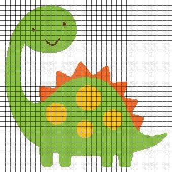Ilustração de um dinossauro verde em ponto cruz com detalhes em laranja e amarelo.