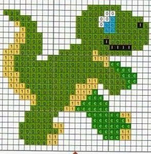 Padrão de ponto cruz de um pequeno dinossauro verde em um grid quadriculado.