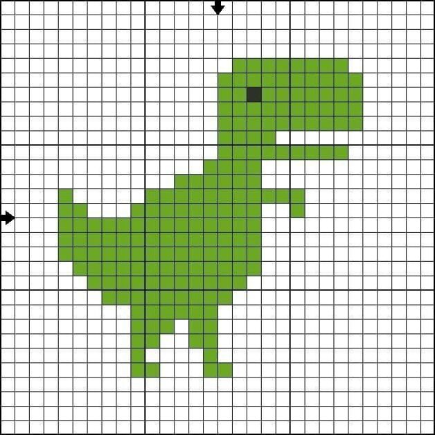 Gráfico em ponto cruz de um dinossauro verde simples, em fundo quadriculado.