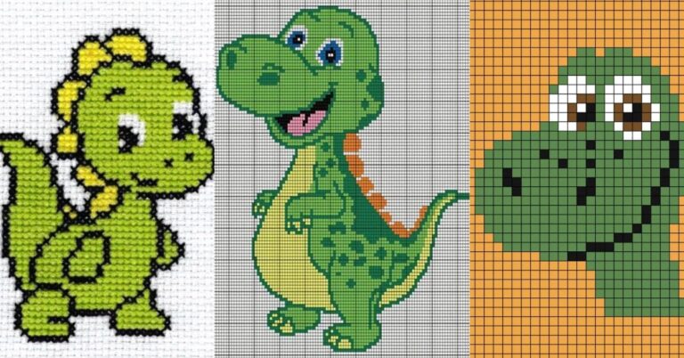 Três representações de um dinossauro T-Rex em ponto cruz, cada uma com um estilo e paleta de cores distintos.