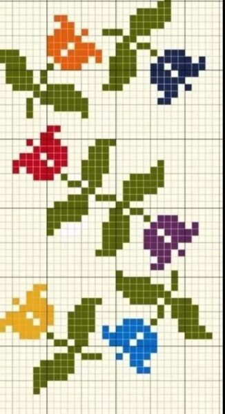 Padrão de ponto cruz com flores coloridas em tons de laranja, vermelho, amarelo, roxo, azul e verde.