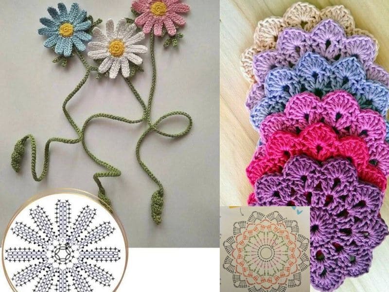 Flores de crochê em tons pastel e diagramas, mostrando técnicas e inspirações para criar peças artesanais.
