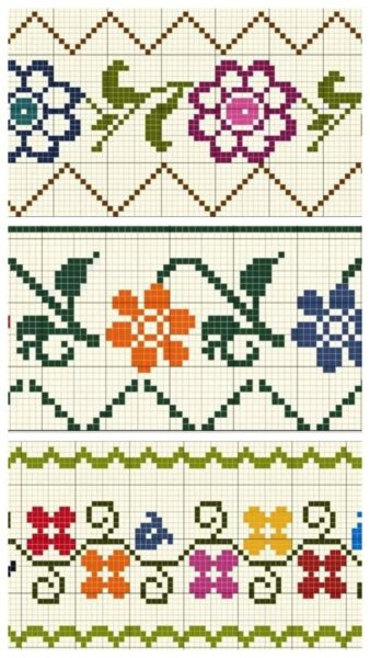 Desenhos de flores em ponto cruz para toalhinhas, com motivos florais e folhagens em estilo pixelado.
