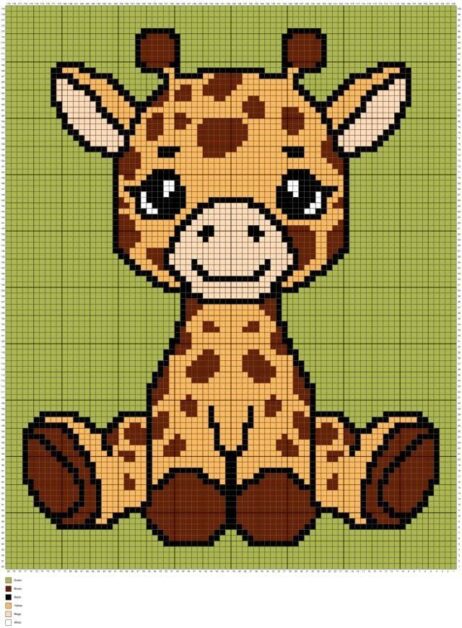 Gráfico de ponto cruz de uma girafa bebê sentada, com fundo verde claro quadriculado.
