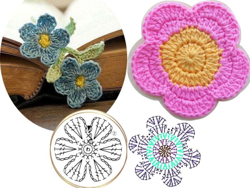 Flores de crochê azuis sobre um livro, uma flor rosa de crochê e dois gráficos de crochê.