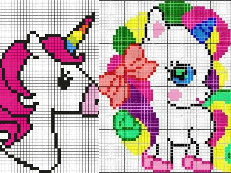 Dois gráficos de unicórnios em ponto cruz com cores vibrantes.