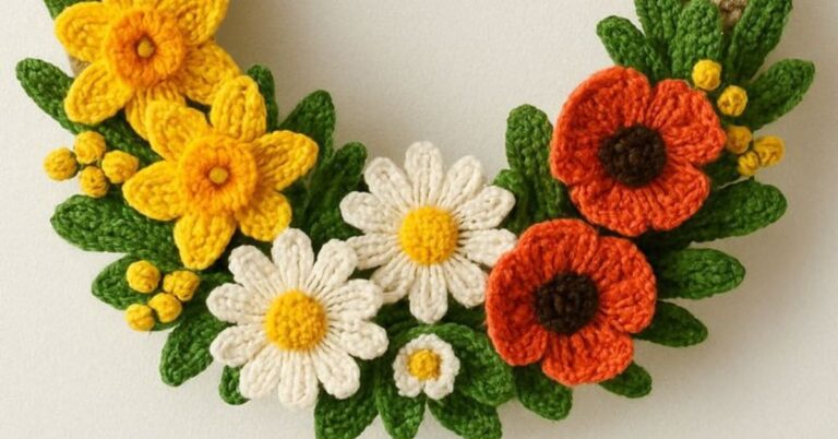Guirlanda de crochê com flores coloridas, incluindo margaridas brancas, papoulas laranja e narcisos amarelos, em um fundo branco.
