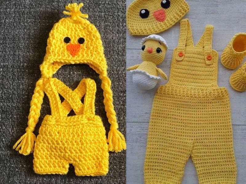 Conjunto de roupinhas de pato em crochê amarelo para bebês, incluindo chapéu com rosto de pato, macacão e sapatinhos.
