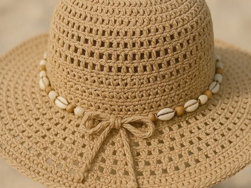 Close-up de um lindo chapéu de praia bucket em crochê vazado, adornado com conchas e miçangas de madeira.
