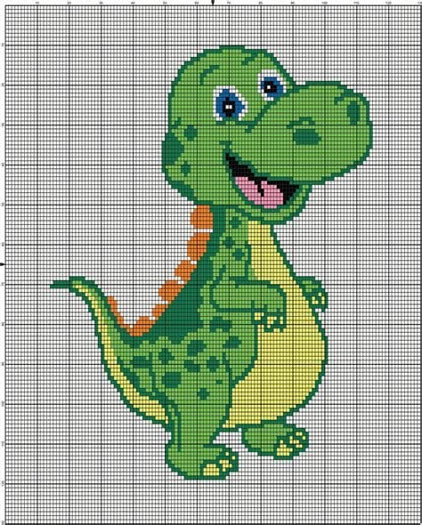 Ilustração em ponto cruz de um dinossauro verde sorrindo.