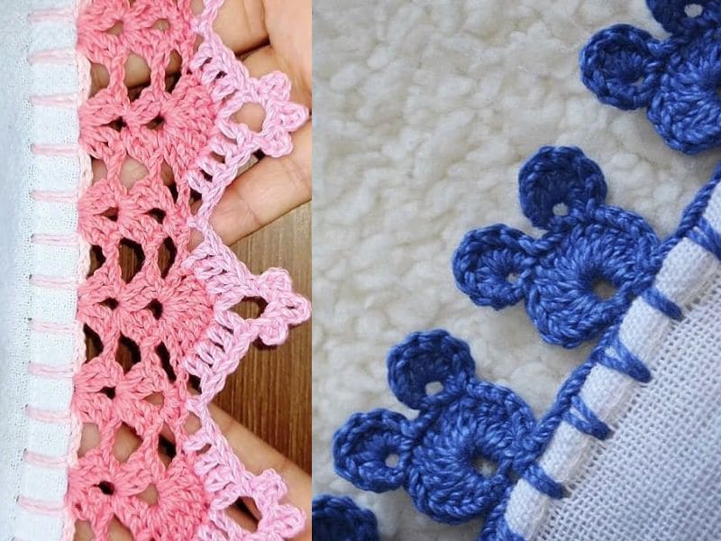 Detalhe de dois lindos bicos de crochê, um rosa floral e outro azul em formato de Mickey, aplicados em tecido branco.