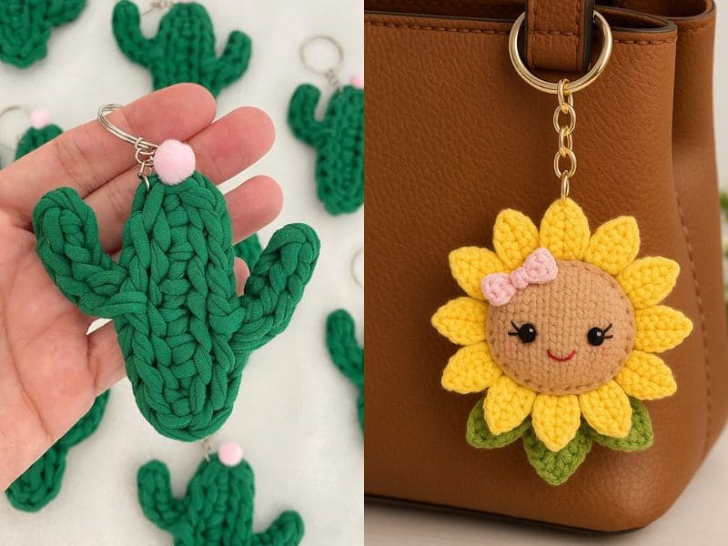 Close-up de chaveiros de crochê: um cacto verde sendo segurado e um girassol pendurado em uma bolsa marrom.
