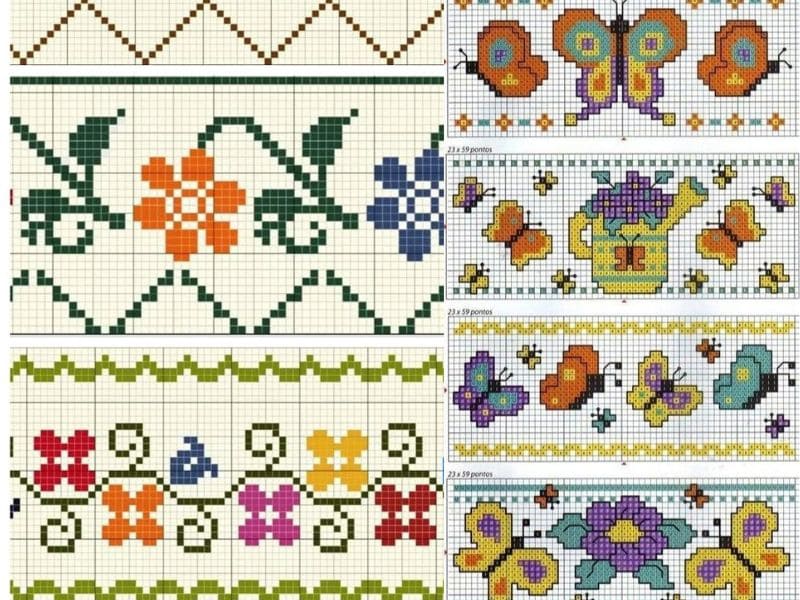 Diversos gráficos de ponto cruz com motivos florais e borboletas.