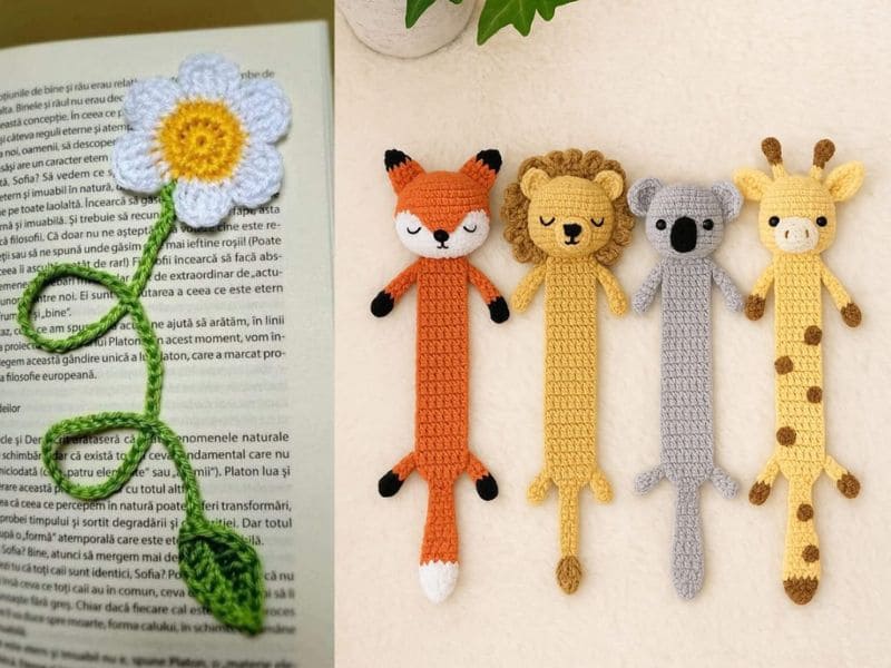 Close-up de lindos marcadores de páginas em crochê, incluindo uma flor margarida em um livro e animais como raposa, leão, coala e girafa.