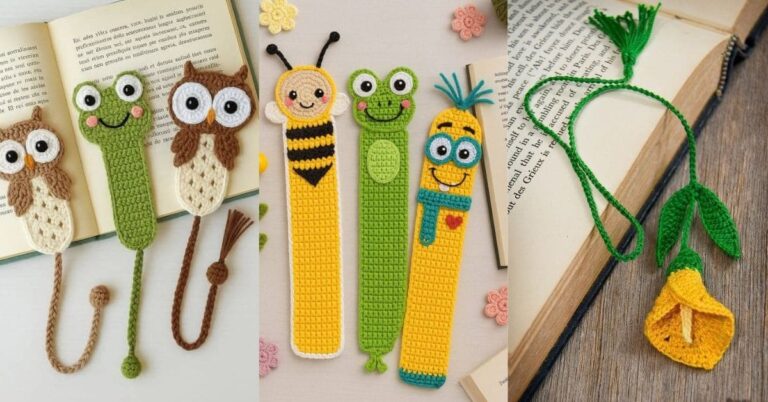 Seleção de marcadores de páginas em crochê com designs de animais e uma flor, dispostos sobre livros abertos e superfícies claras.