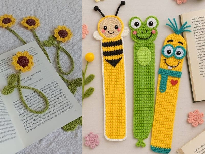 Vários marcadores de páginas em crochê com temas divertidos: girassóis em um livro aberto, uma abelha, um sapo e uma figura amarela com um cachecol azul.