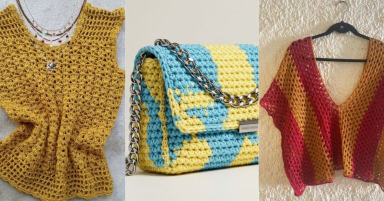 Coleção de peças de crochê moderno: blusas e bolsa em close.