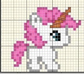 Imagem de um pequeno unicórnio em ponto cruz, com crina e chifre rosa, sobre fundo quadriculado.